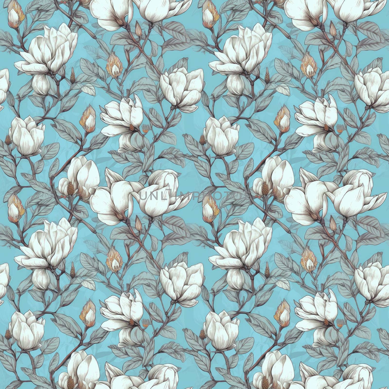 Seamless background of intricate magnolia flowers on a pale background. AI generated
