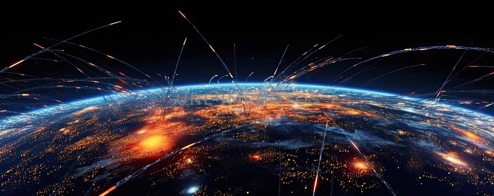 Earth and visible signal transmission lines. The concept of global telecommunications