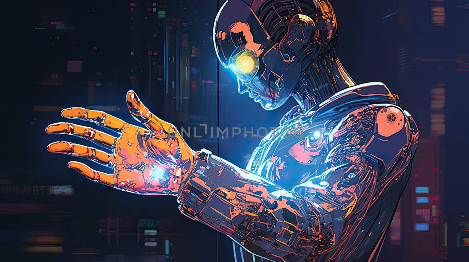 A person holds a hologram of new technologies in his hands. The concept of the future