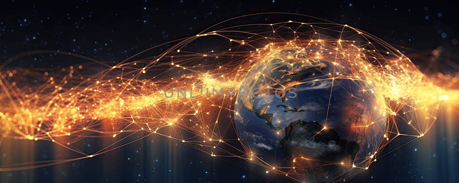 Earth and visible signal transmission lines. The concept of global telecommunications