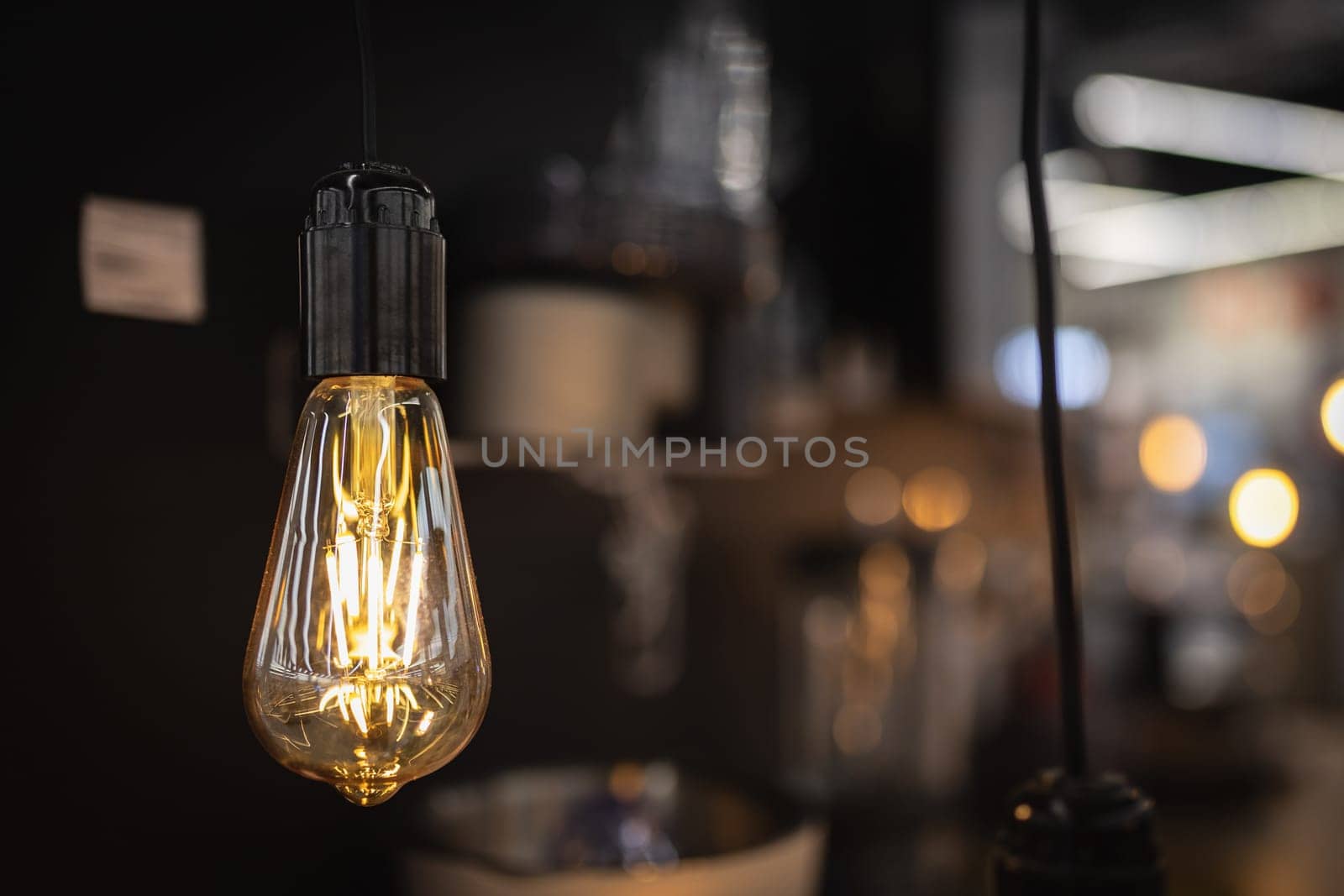 Old Edison lamp in warm light with filaments in the interior of the loft restaurant on a blurred background.