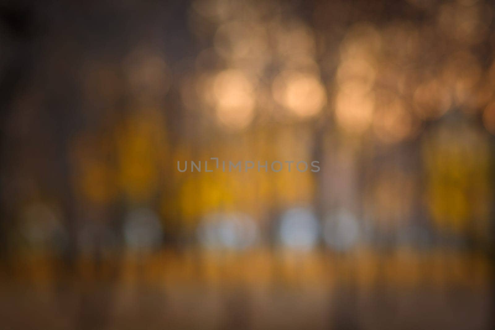 Blurred background from photo of autumn park at sunset with bokeh circles.