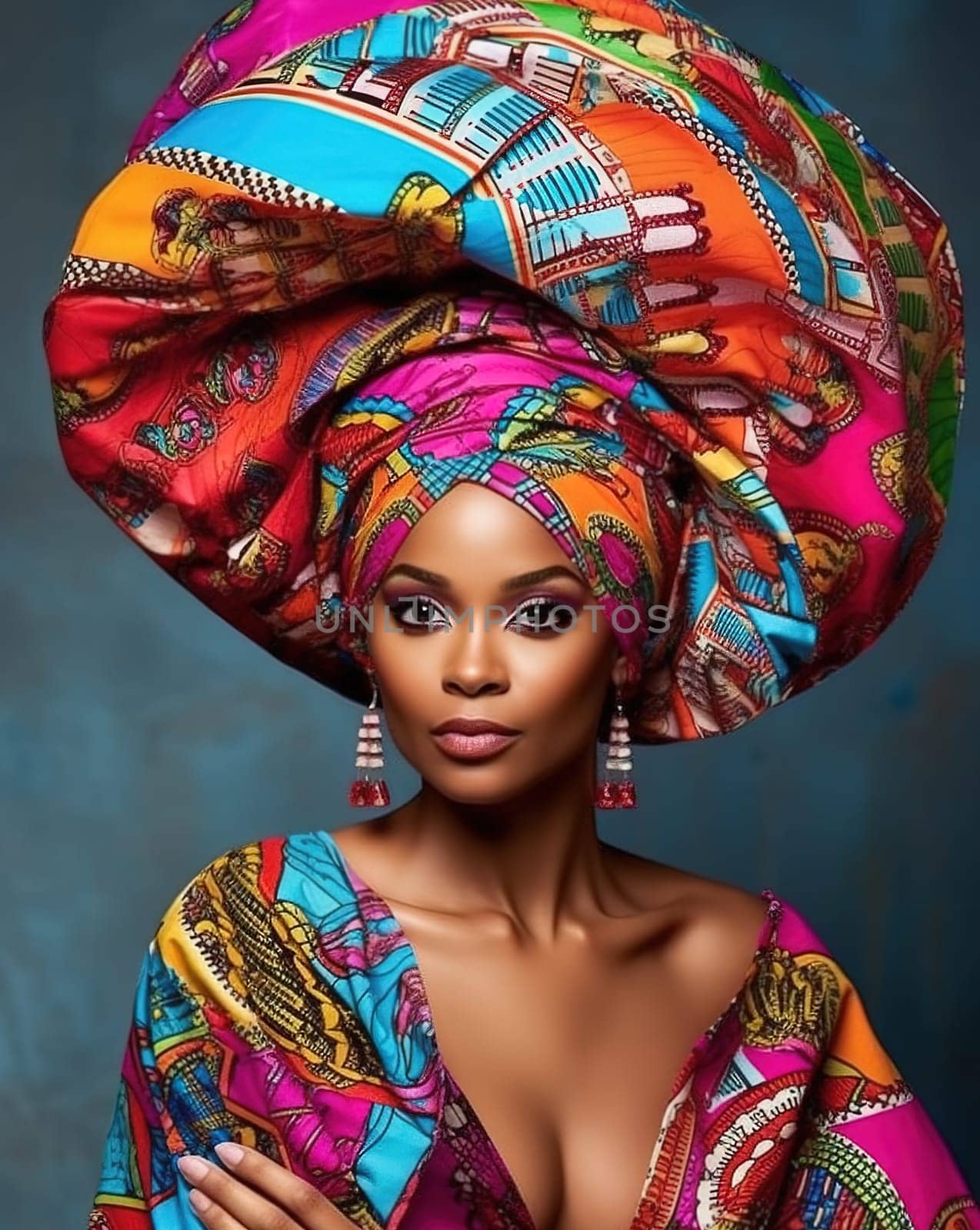 Portrait of an African American woman in a turban with African print. Generative AI by Yurich32