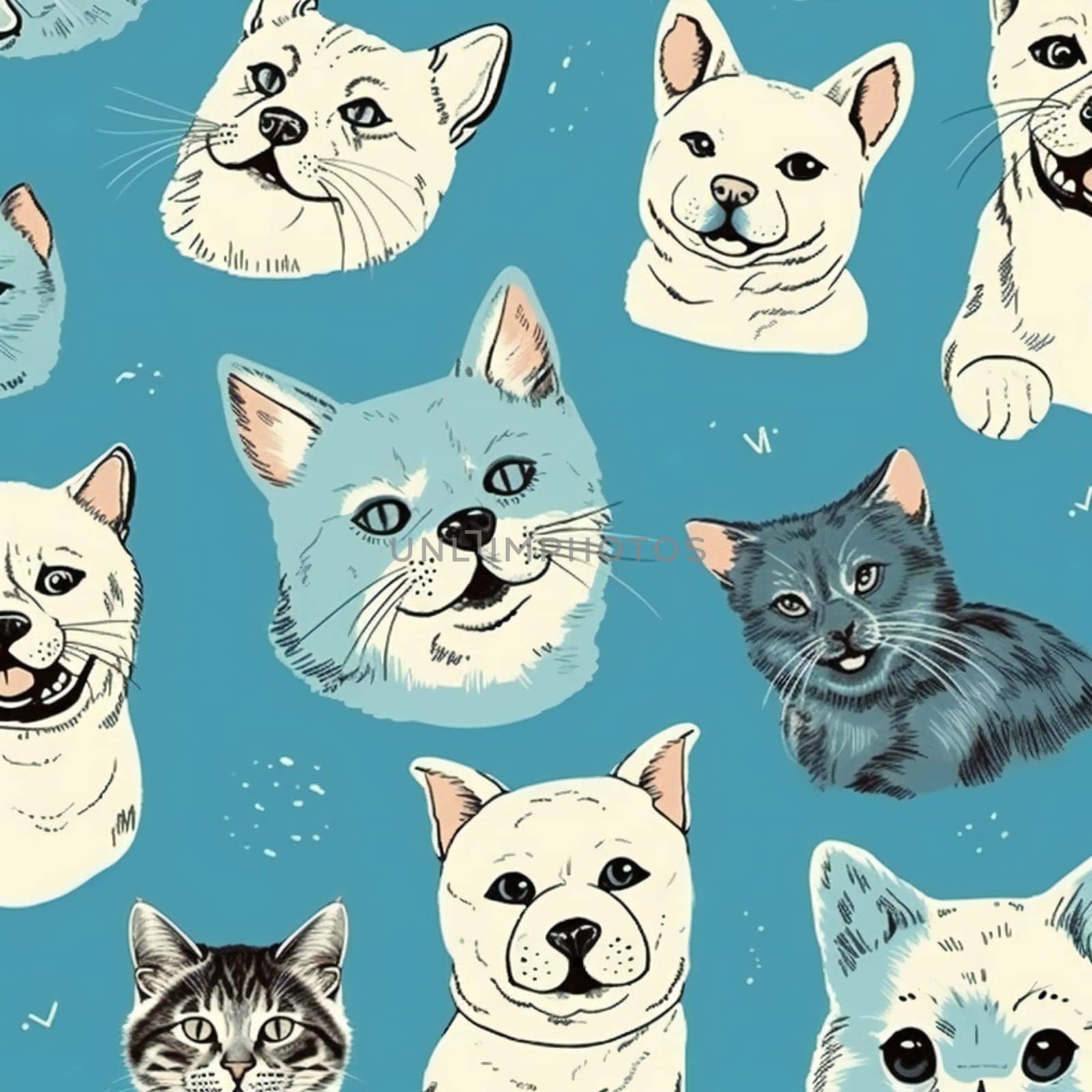 Seamless pattern with cute cartoon cats and dogs isolated on blue background