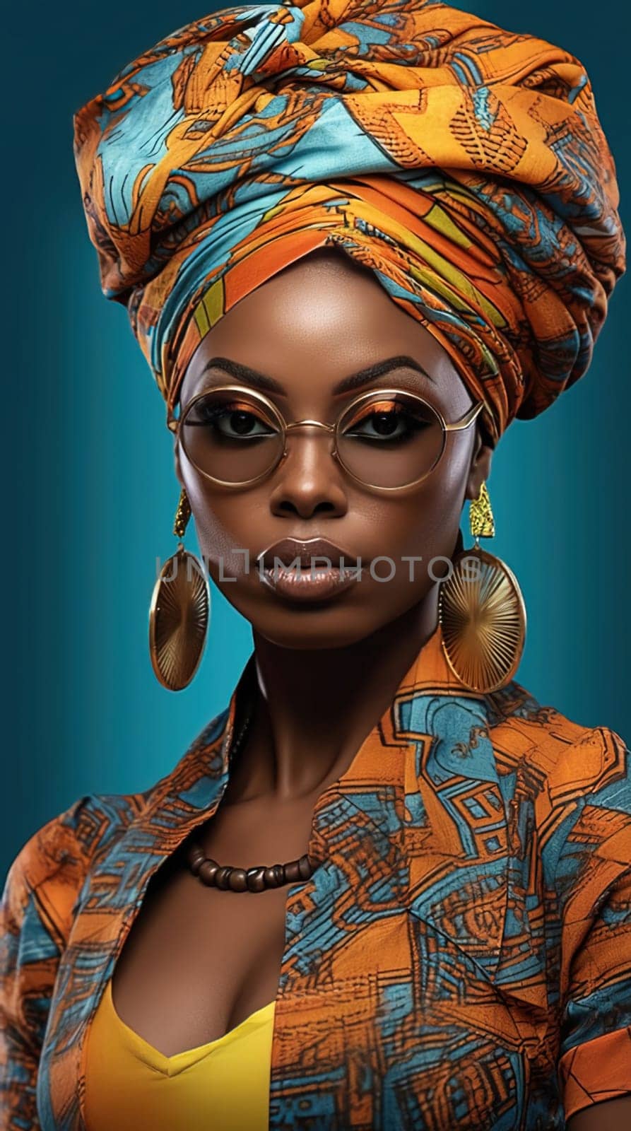 Portrait of an African American woman in a turban with African print. Generative AI. High quality illustration