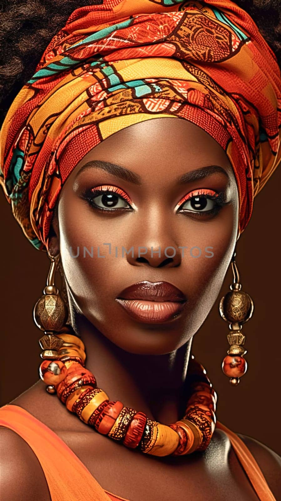 Portrait of an African American woman in a turban with African print. Generative AI. High quality illustration