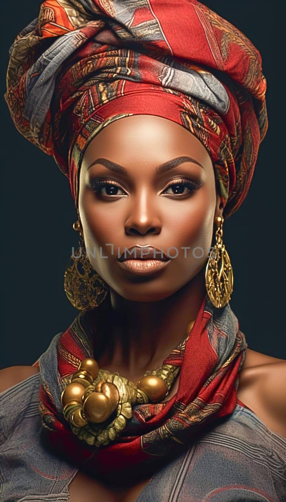 Portrait of an African American woman in a turban with African print. Generative AI by Yurich32