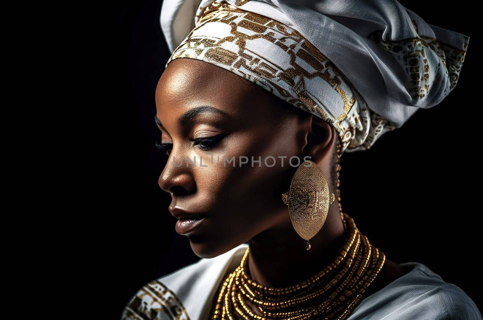 Portrait of an African American woman in a turban with African print. Generative AI. High quality illustration