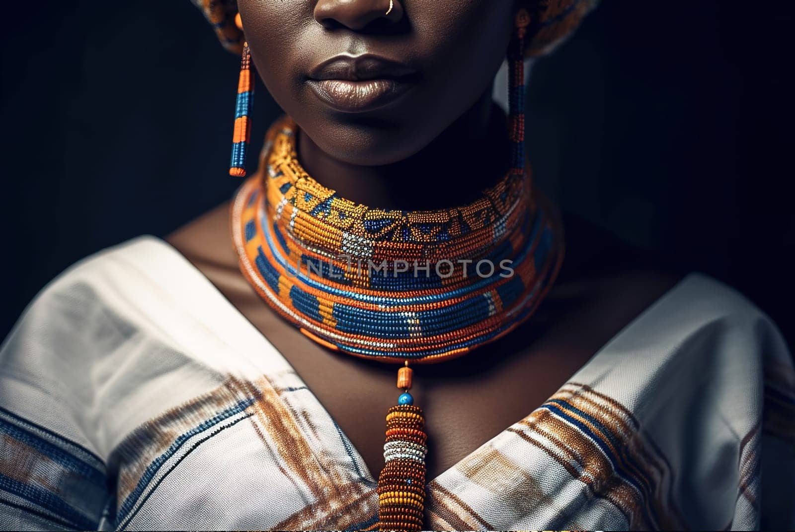 African American woman with African jewelry around her neck and clothes with an African print. Generative AI. High quality illustration