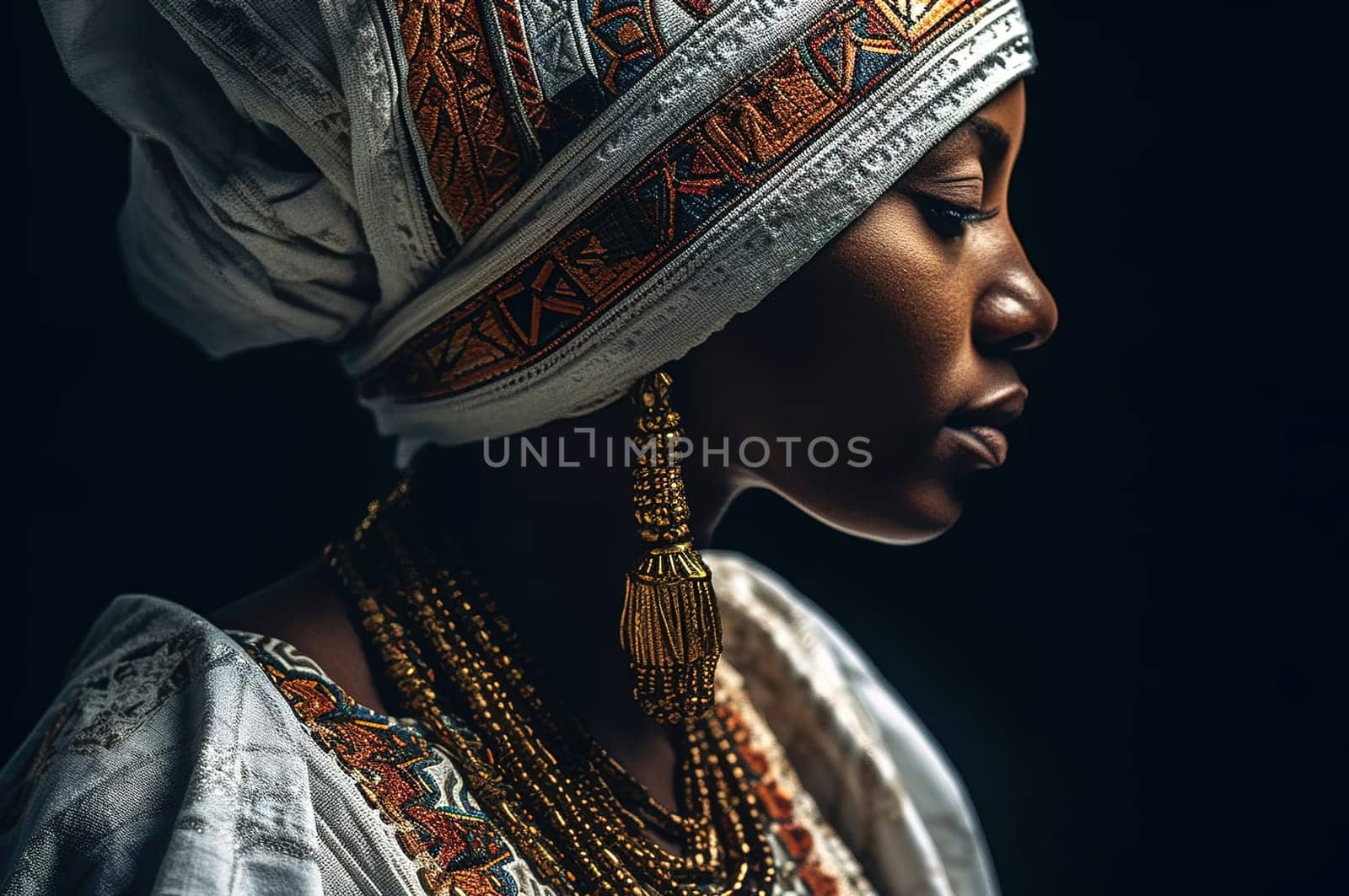 Portrait of an African American woman in a turban with African print. Generative AI. High quality illustration