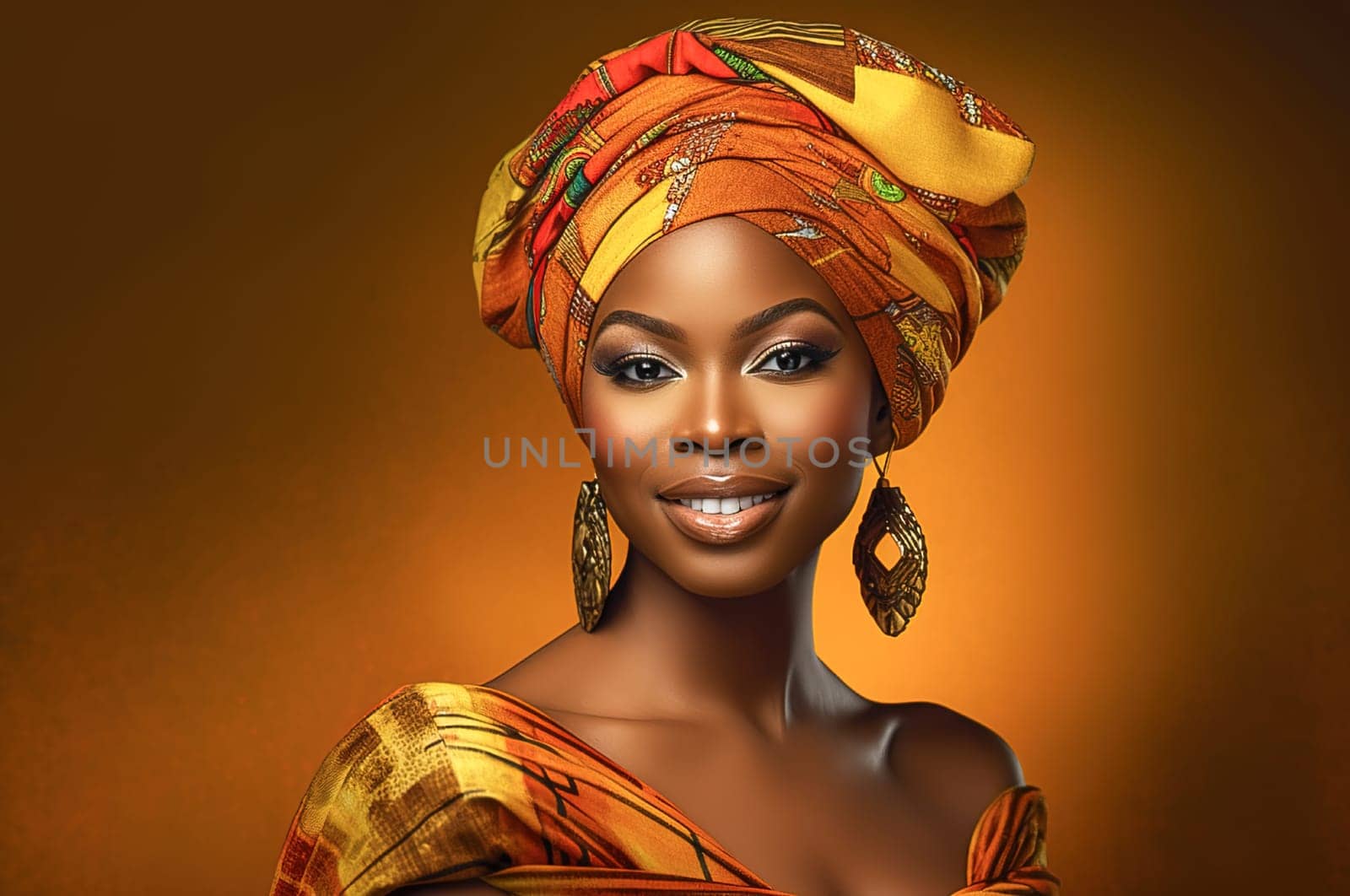 Portrait of an African American woman in a turban with African print. Generative AI. High quality illustration