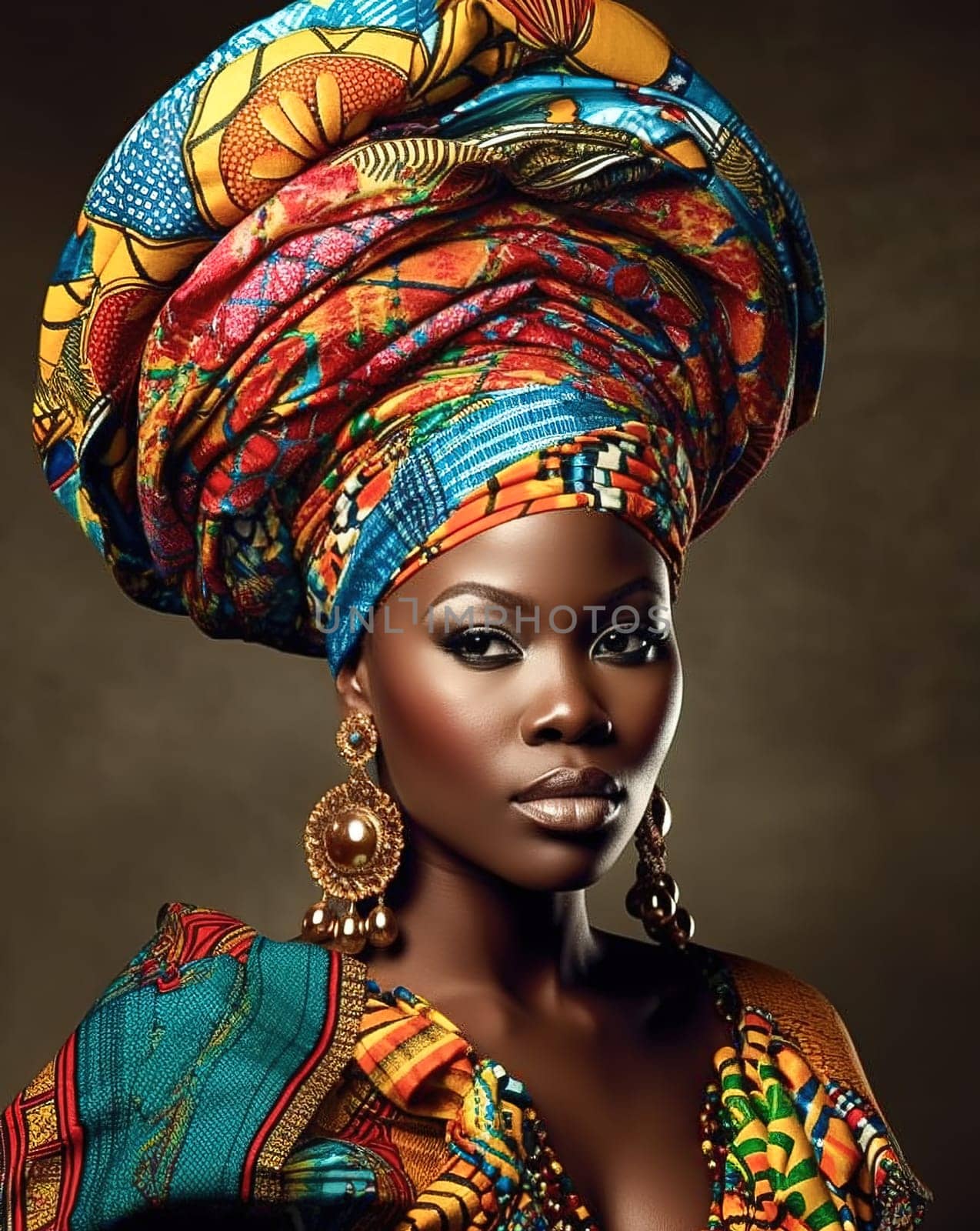 Portrait of an African American woman in a turban with African print. Generative AI. High quality illustration