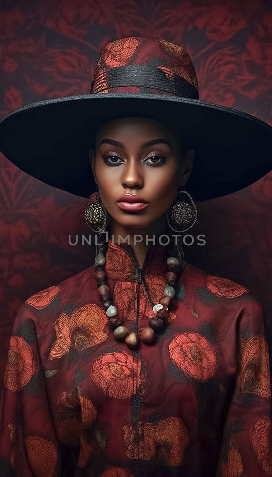 Portrait of an African American woman in a large hat with a wide brim and a dress with an African print. Generative AI by Yurich32