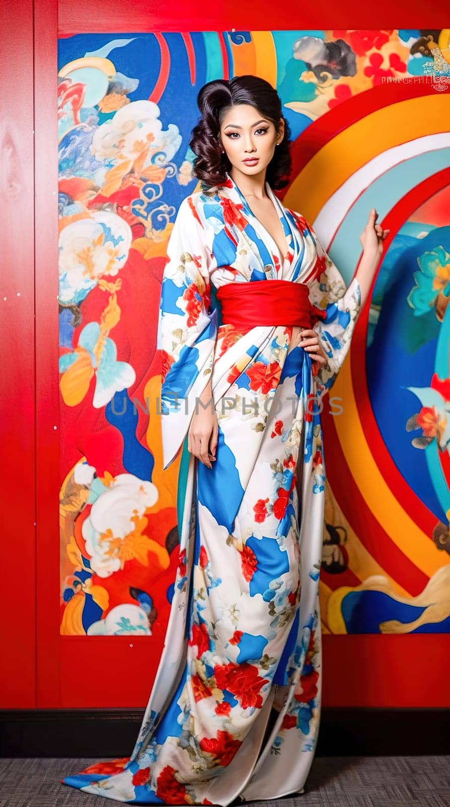 Full length portrait of a beautiful Japanese woman in kimono. Generative AI by Yurich32