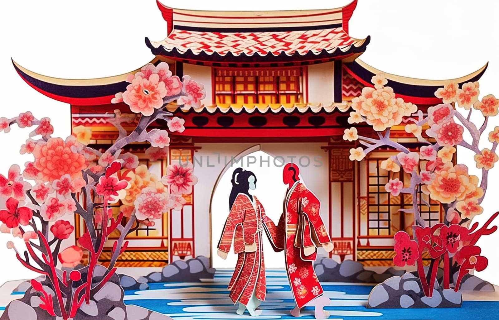Japanese paper crafts. Paper-cut models of Japanese theater artists. Puppet scene. Generative AI. High quality illustration