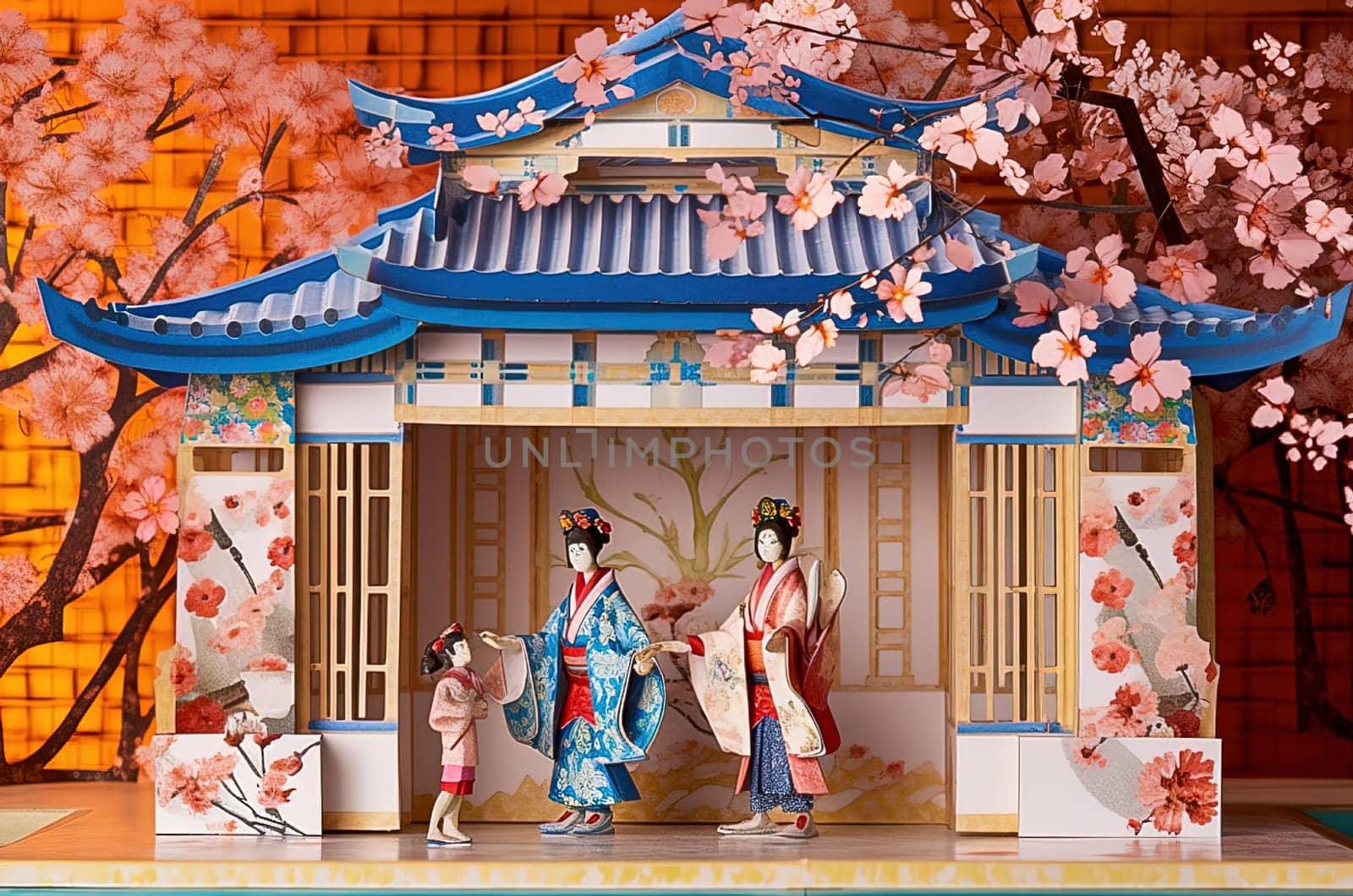 Japanese paper crafts. Paper-cut models of Japanese theater artists. Puppet scene. Generative AI. High quality illustration