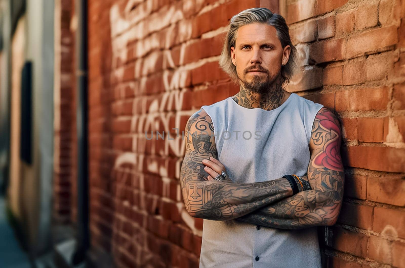 A man with tattoos on his arms. Generative AI. High quality illustration