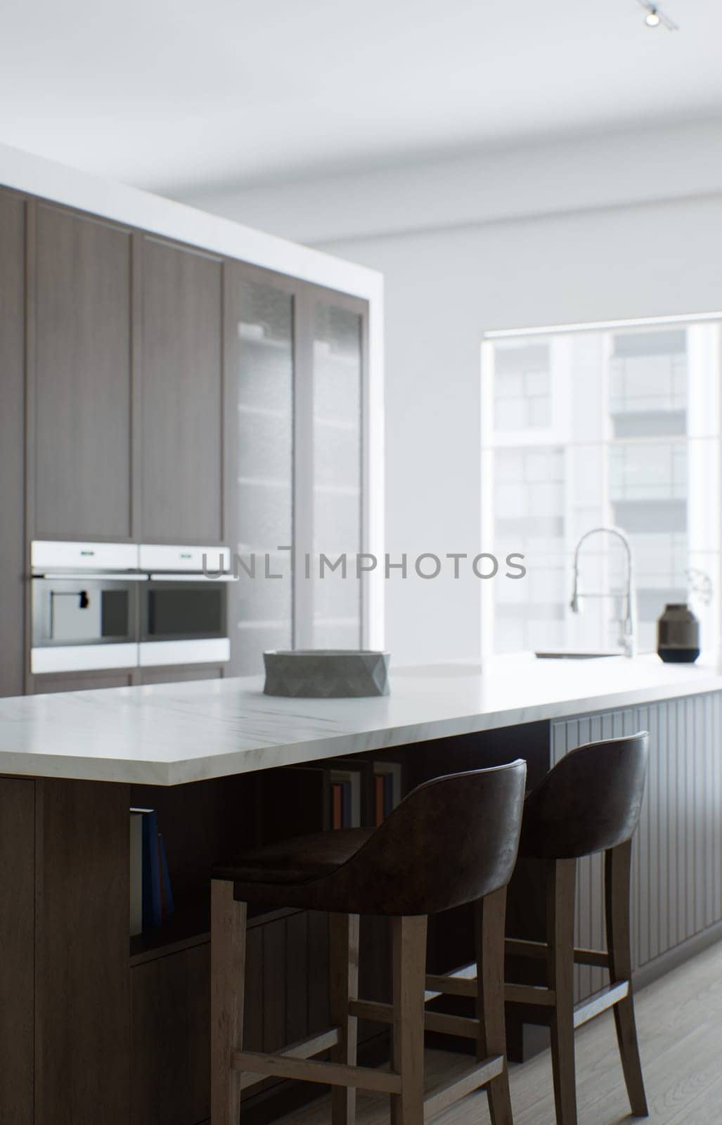 Kitchen minimalism. Wooden kitchen with large long island and bar stools. by N_Design