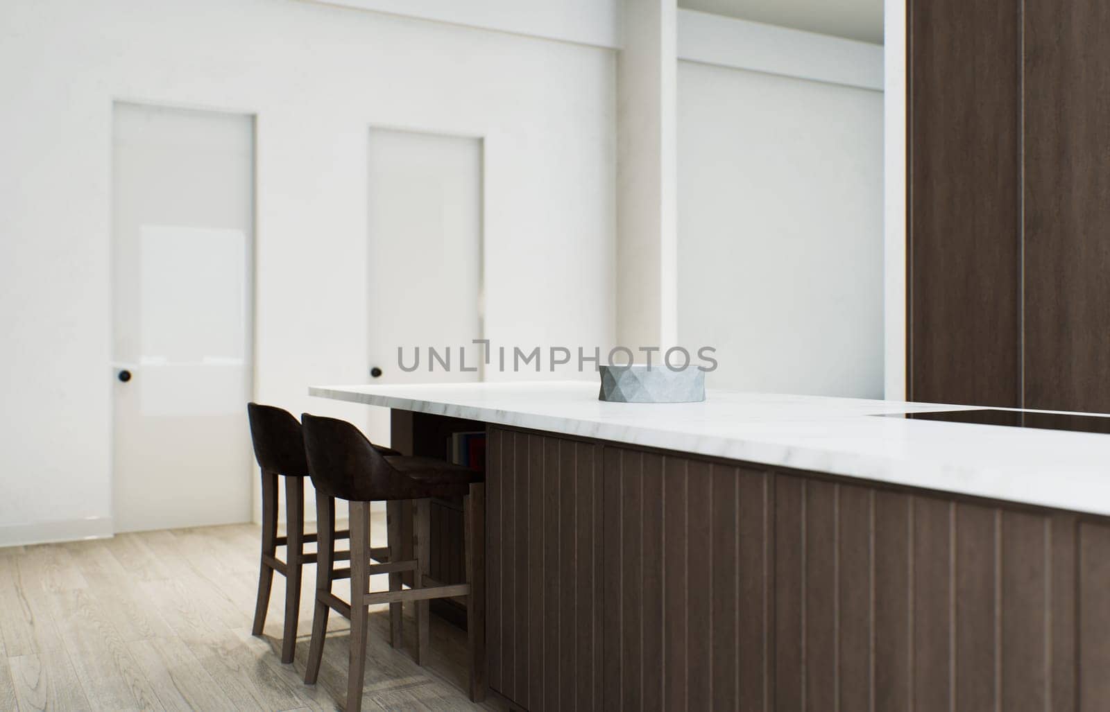 Kitchen minimalism. Wooden kitchen with large long island and bar stools. Kitchen with marble top and wooden bottom. 3d render