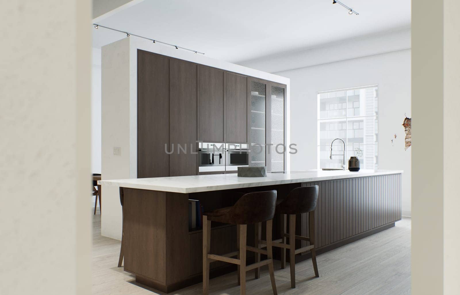 Kitchen minimalism. Wooden kitchen with large long island and bar stools. Kitchen with marble top and wooden bottom. 3d render