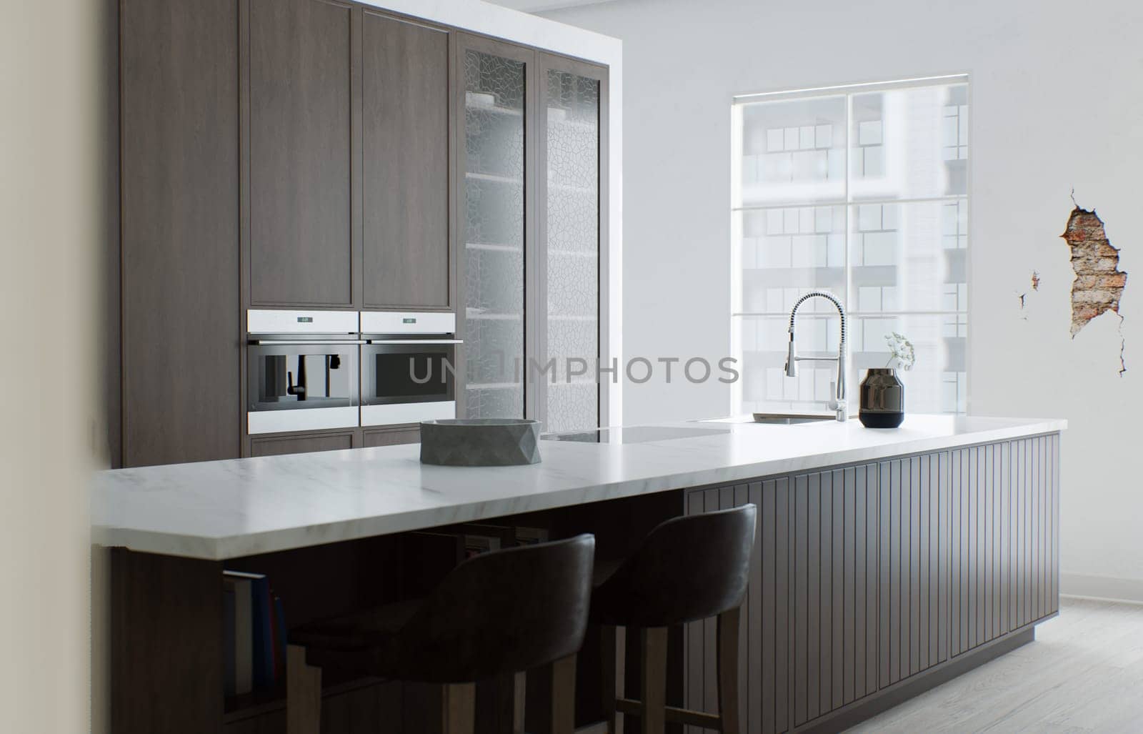 Kitchen minimalism. Wooden kitchen with large long island and bar stools. Kitchen with marble top and wooden bottom. 3d render