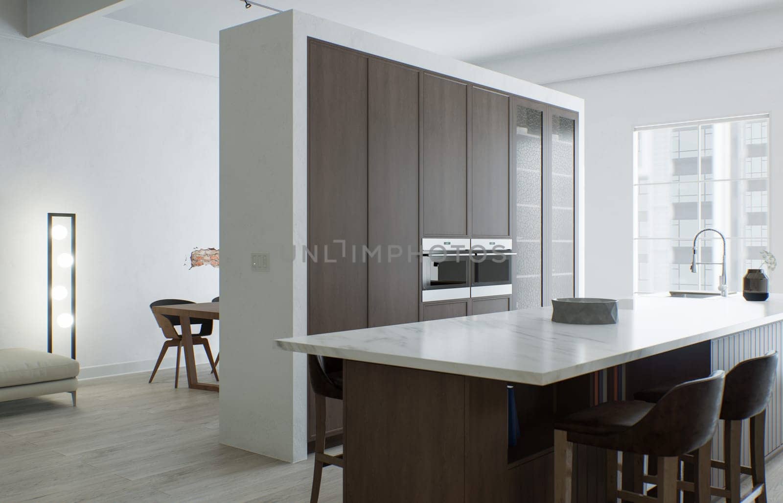 Kitchen minimalism. Wooden kitchen with large long island and bar stools. by N_Design