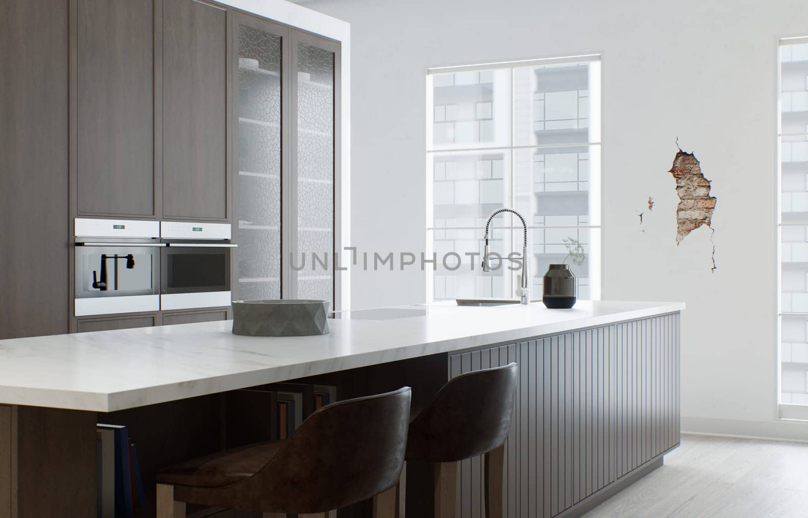 Kitchen minimalism. Wooden kitchen with large long island and bar stools. Kitchen with marble top and wooden bottom. 3d render