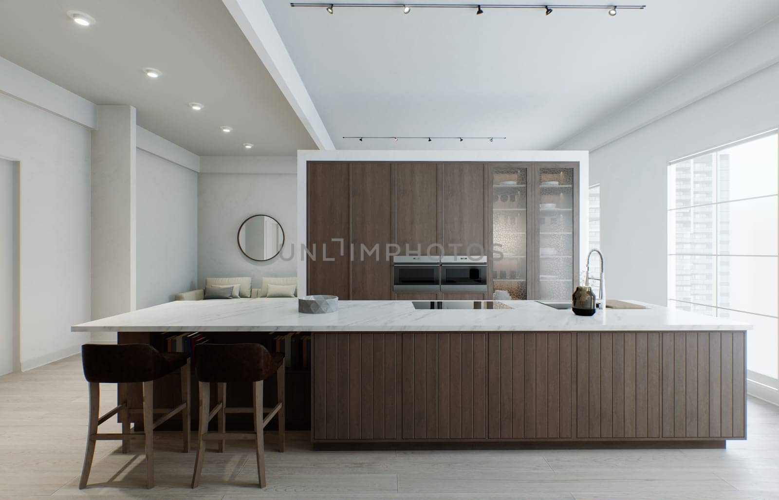 Kitchen minimalism. Wooden kitchen with large long island and bar stools. Kitchen with marble top and wooden bottom. 3d render