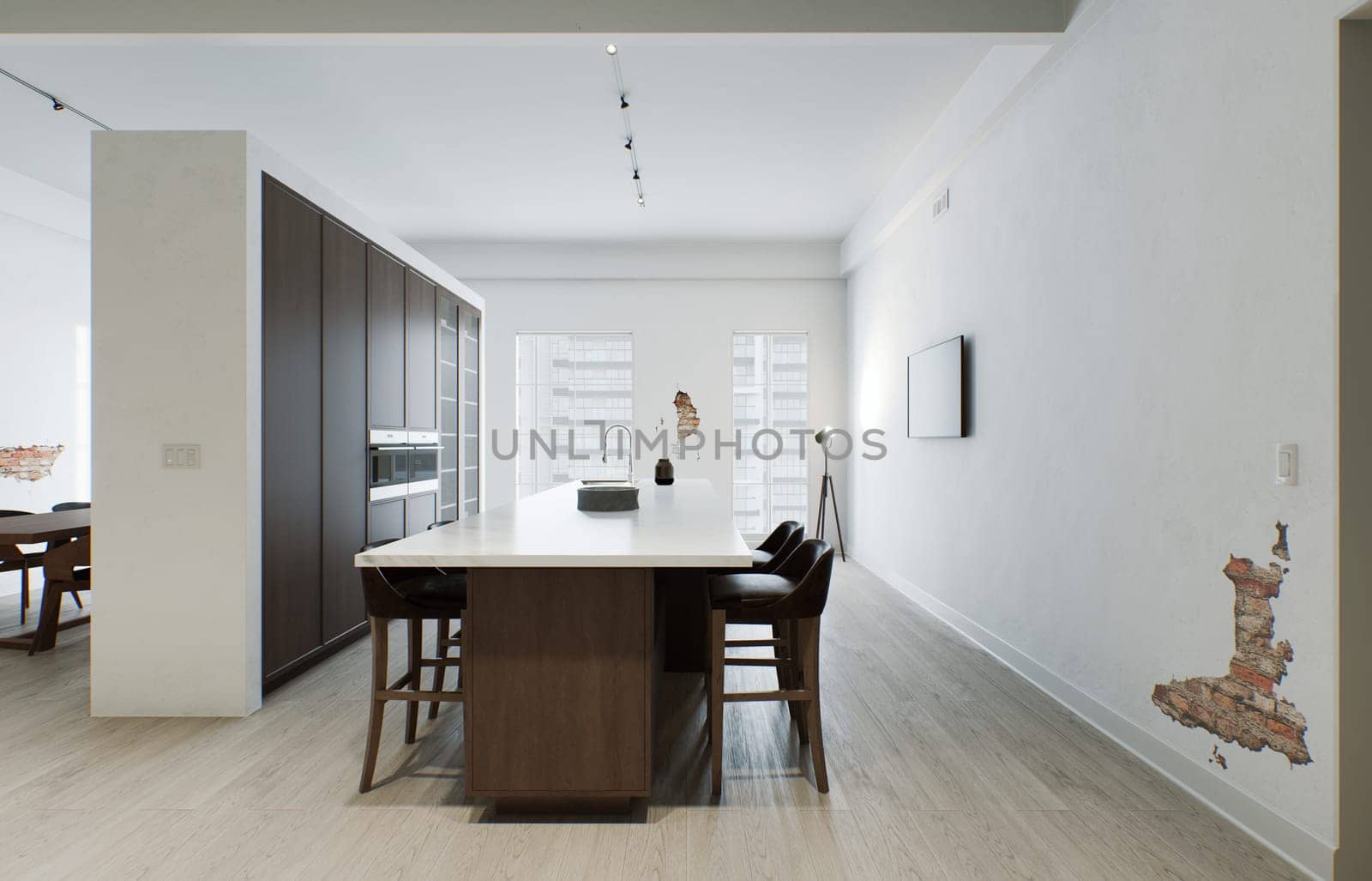 Kitchen minimalism. Wooden kitchen with large long island and bar stools. by N_Design