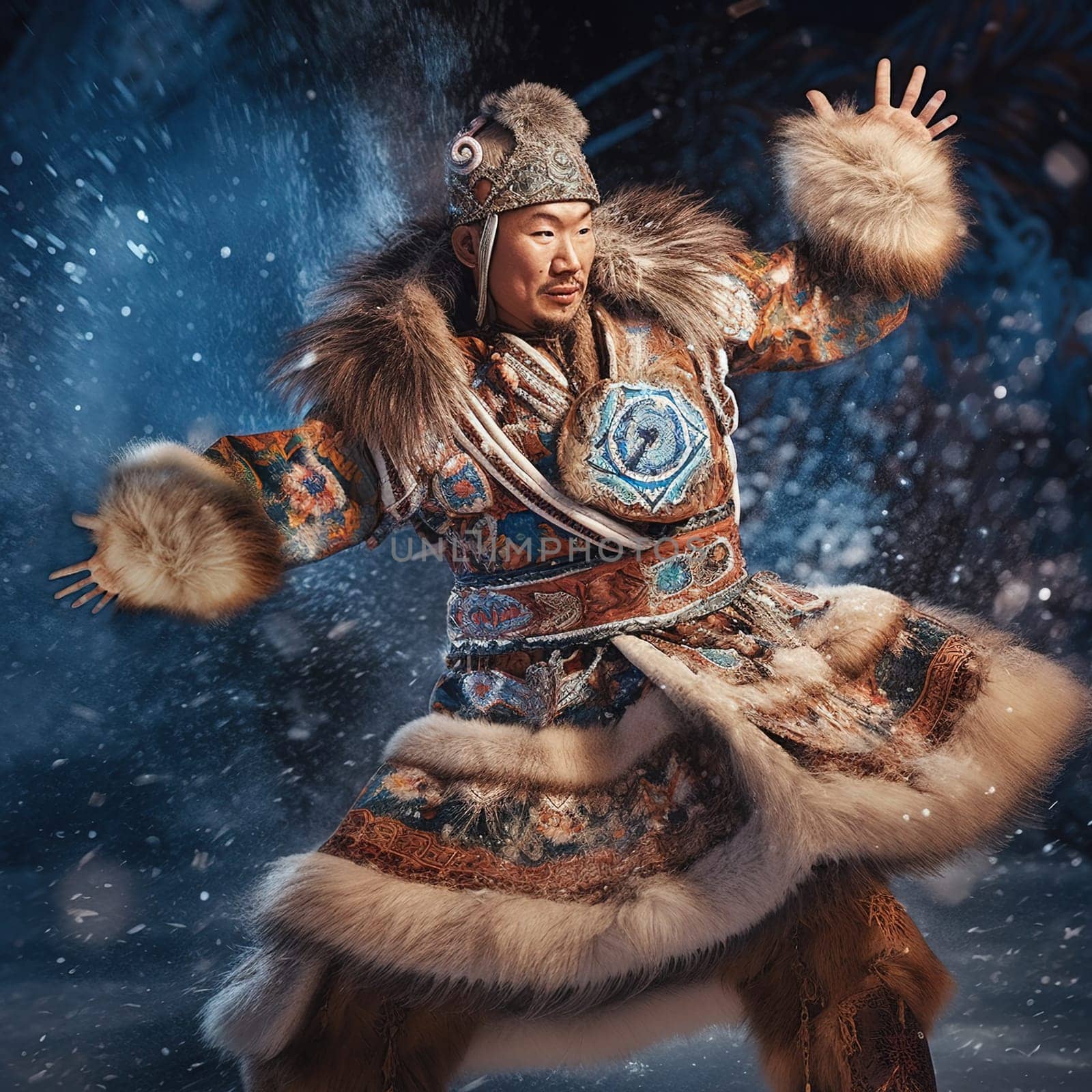 Dances of the peoples of the north. A man in an animal skin performs a shaman dance in winter. Generative AI. by Yurich32