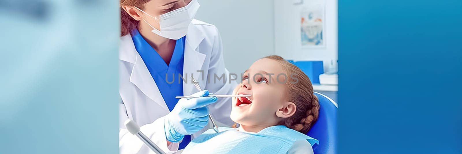 A female dentist examines a child's teeth in a dental office. Generative AI. by Yurich32