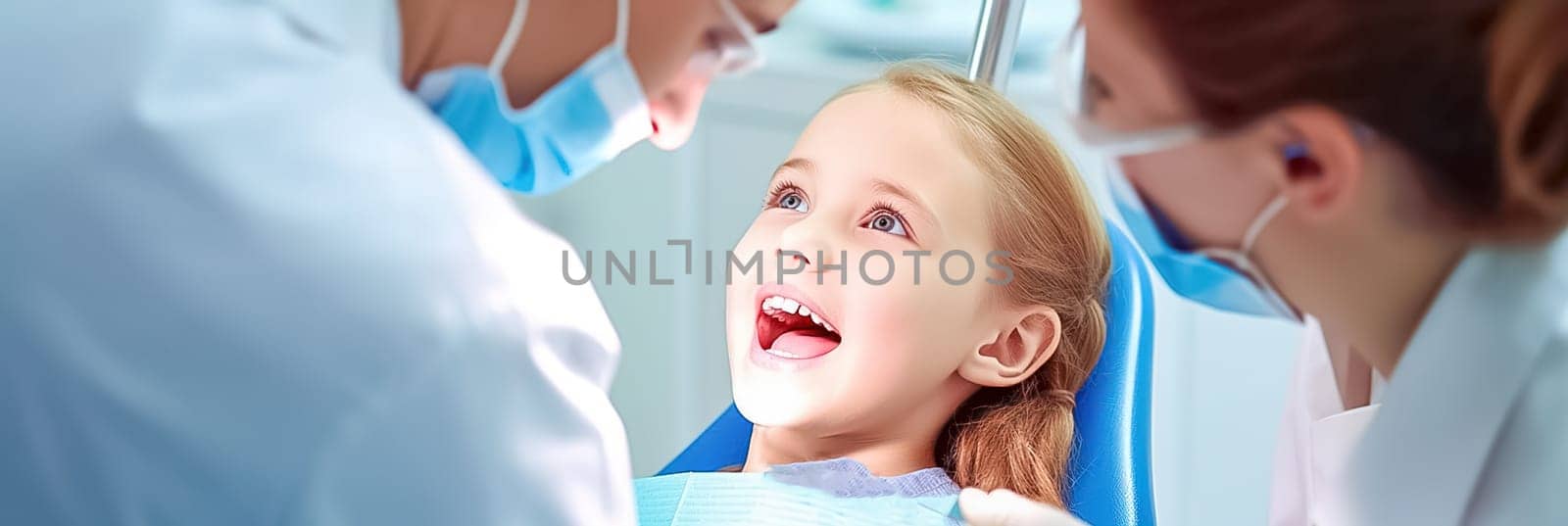 A male dentist examines a child's teeth in a dental office. Generative AI. High quality illustration