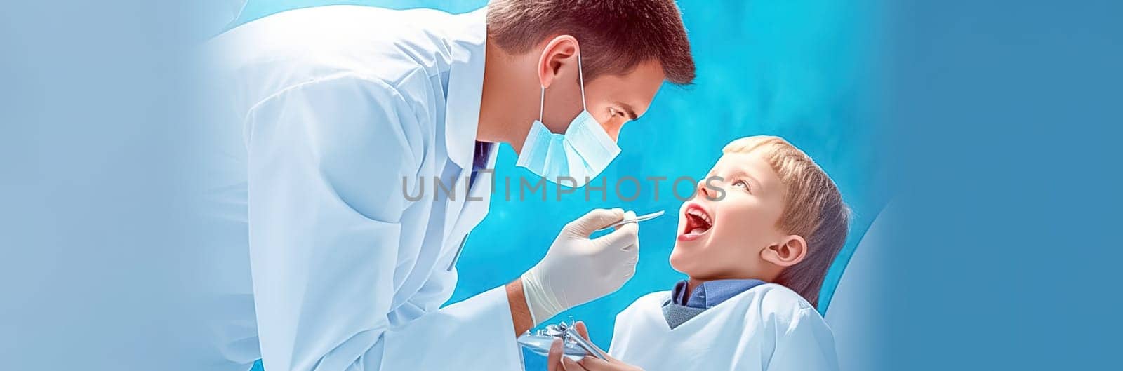 A male dentist examines a child's teeth in a dental office. Generative AI. High quality illustration