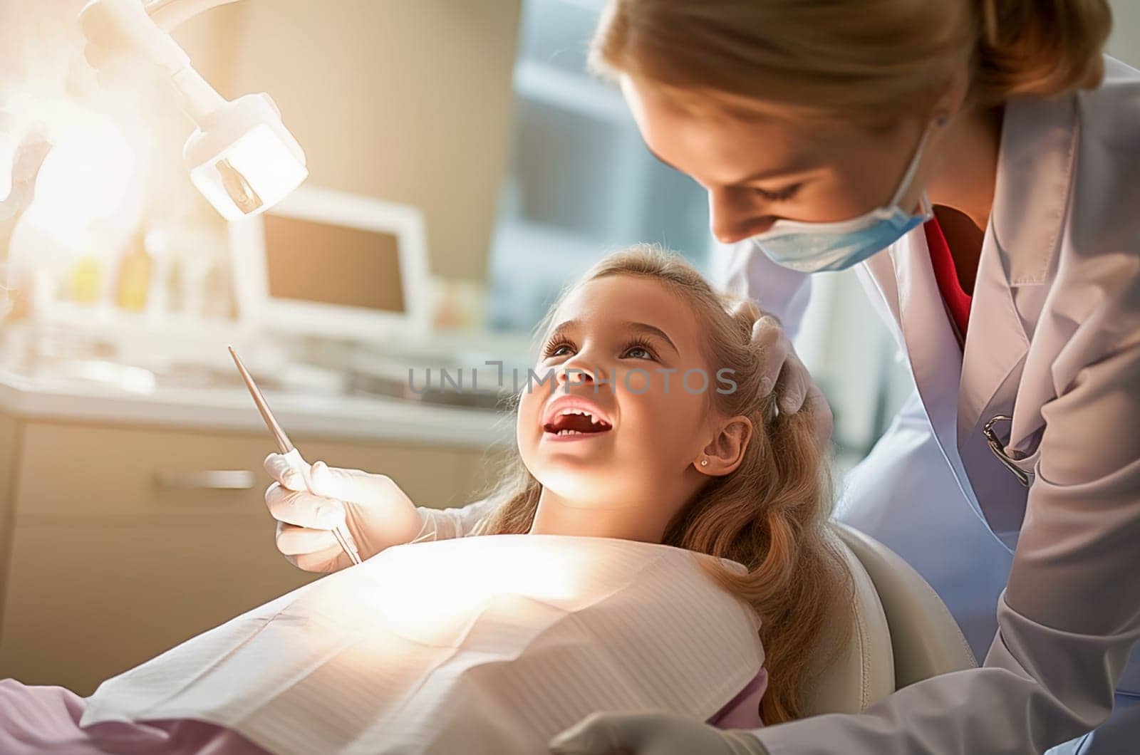 A female dentist examines a child's teeth in a dental office. Generative AI. by Yurich32