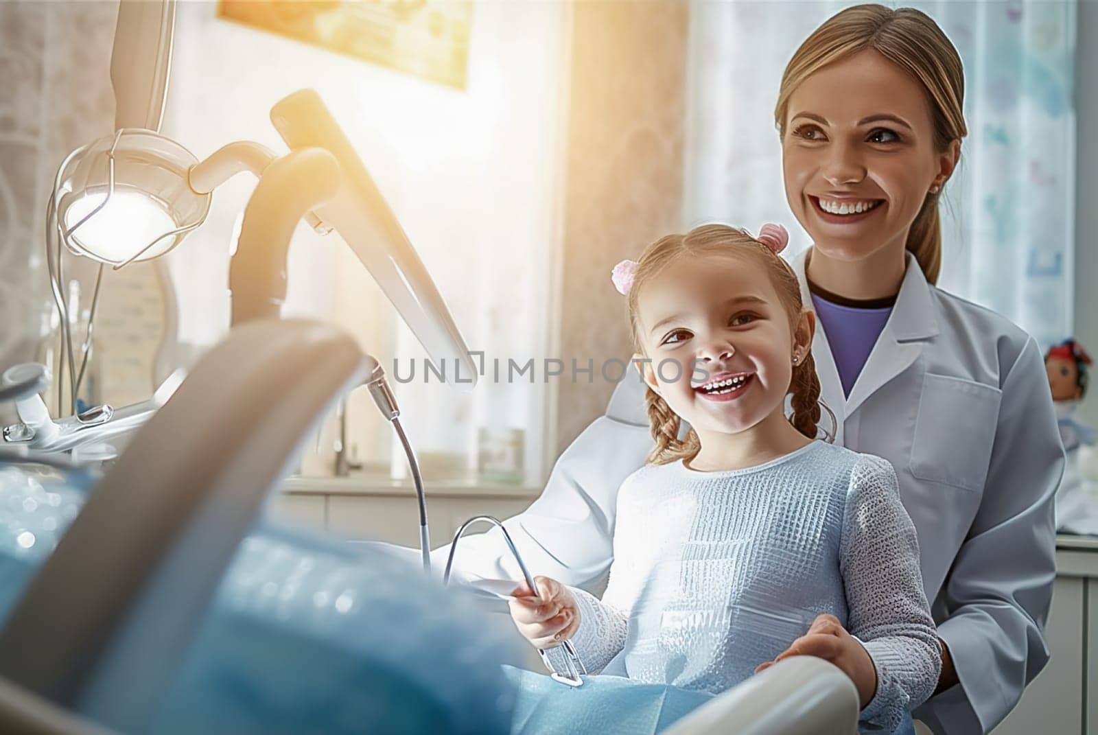 A female dentist examines a child's teeth in a dental office. Generative AI. by Yurich32