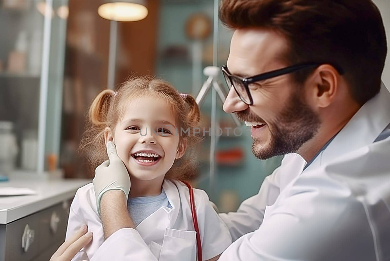 A male dentist examines a child's teeth in a dental office. Generative AI. by Yurich32