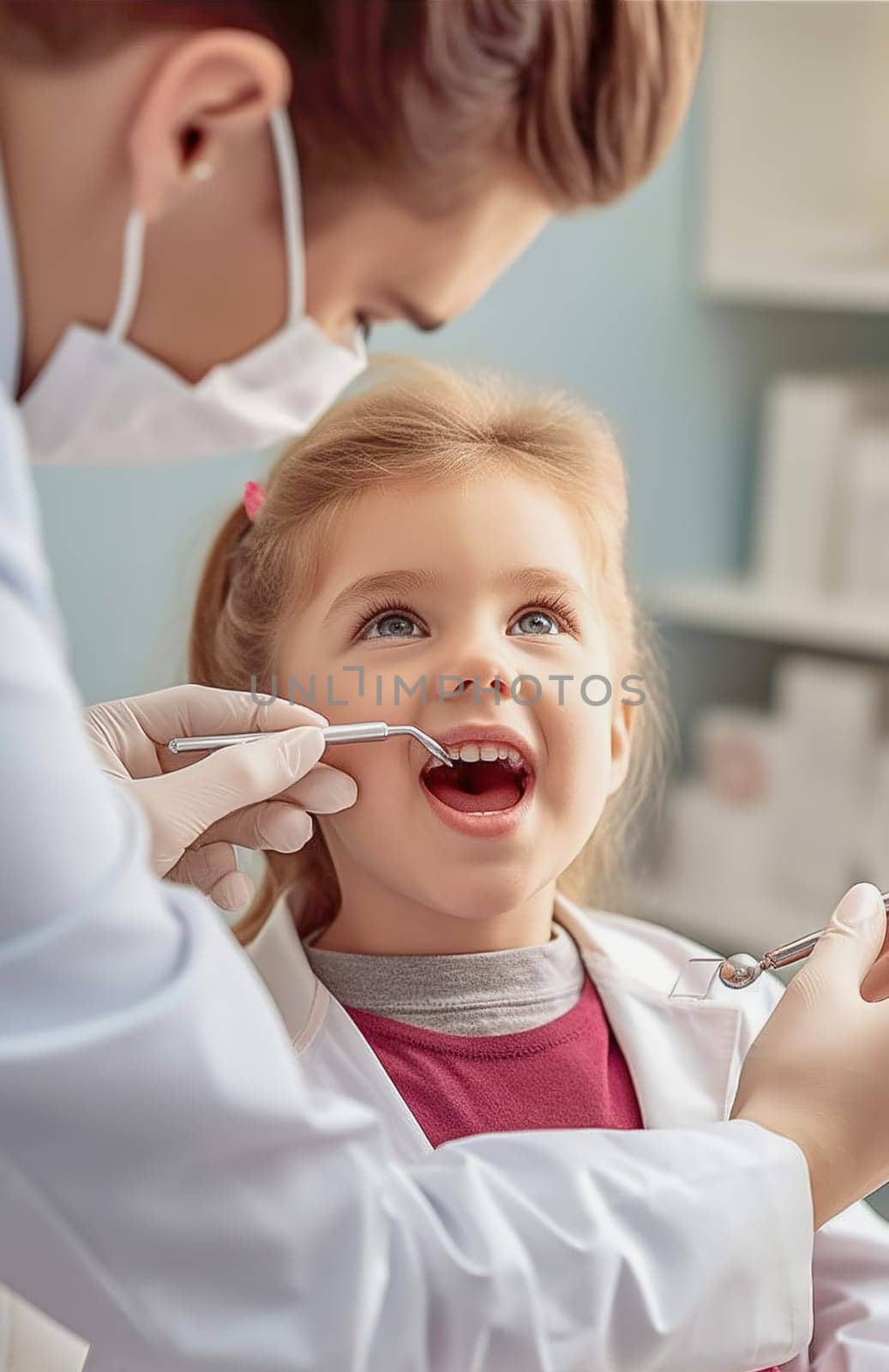 A female dentist examines a child's teeth in a dental office. Generative AI. by Yurich32