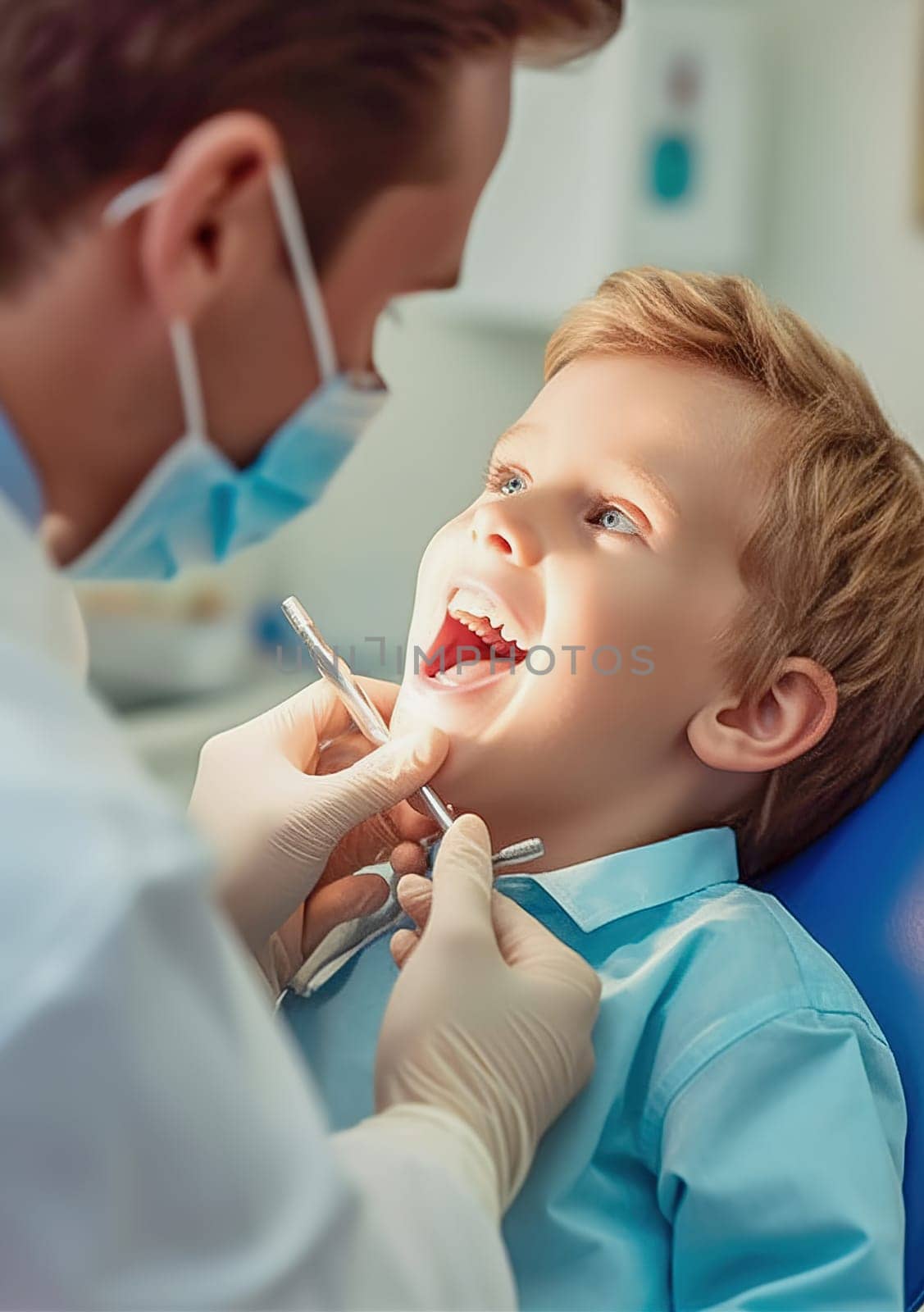 A male dentist examines a child's teeth in a dental office. Generative AI. by Yurich32