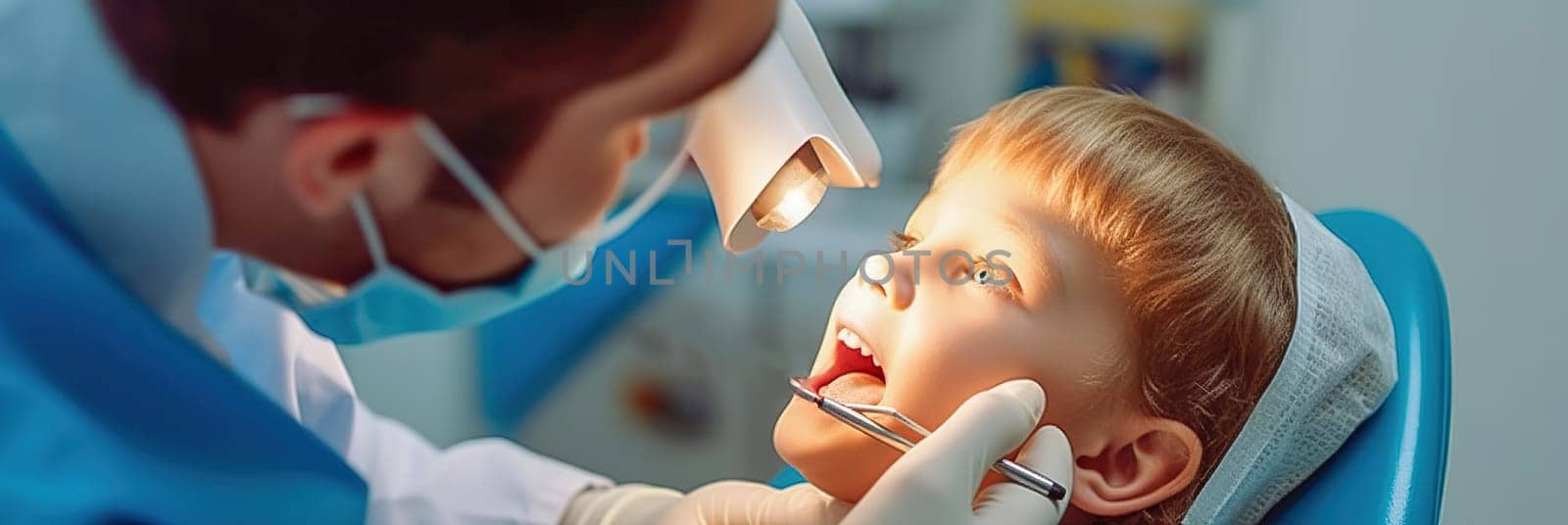 A male dentist examines a child's teeth in a dental office. Generative AI. High quality illustration