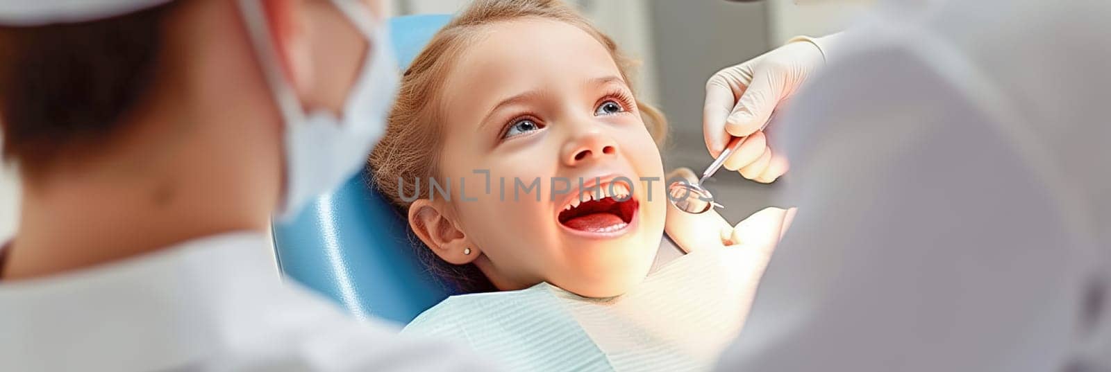 A male dentist examines a child's teeth in a dental office. Generative AI. High quality illustration