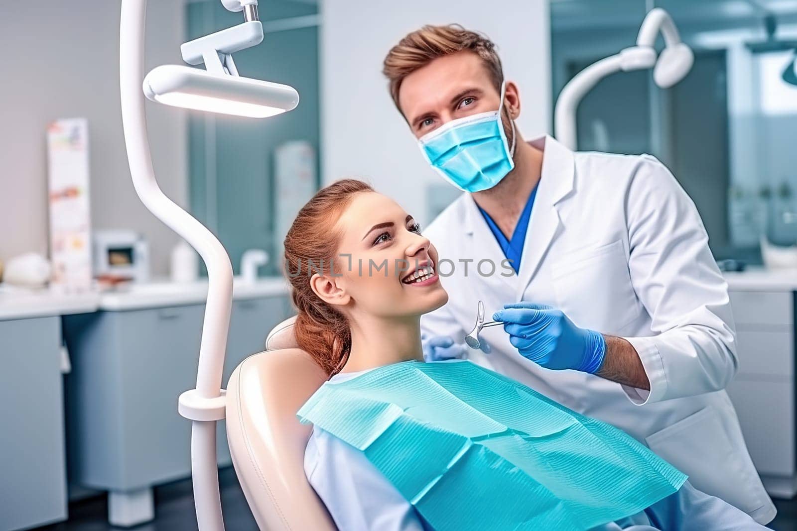 A male dentist treats a woman's teeth in a dental chair. Generative AI. by Yurich32