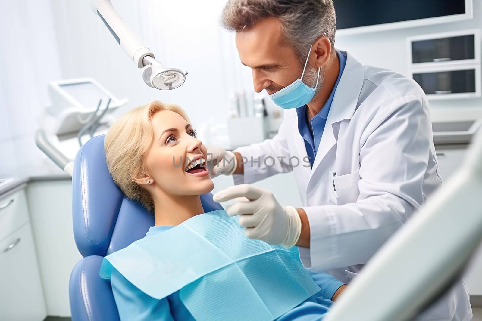 A male dentist treats a woman's teeth in a dental chair. Generative AI. High quality illustration