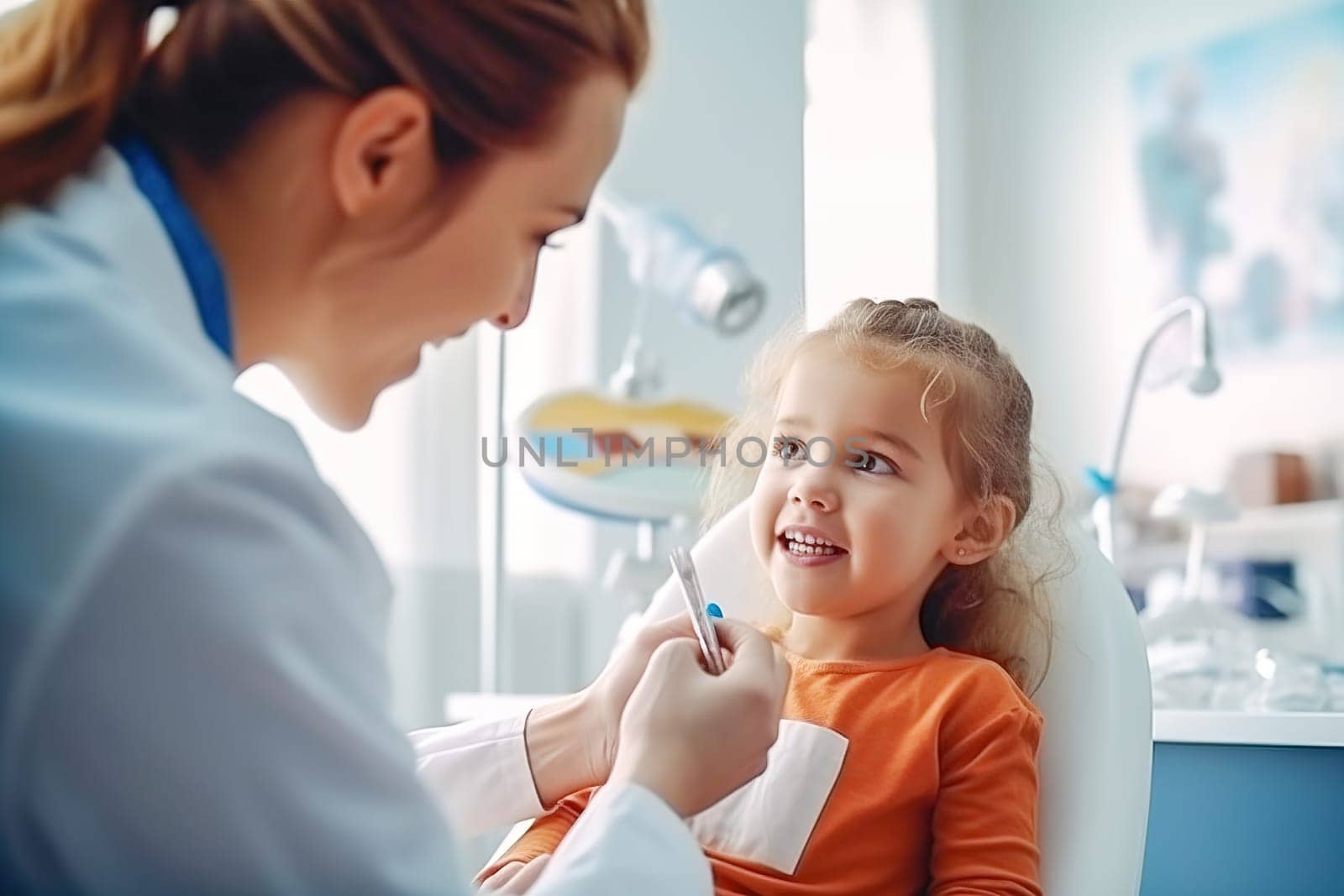 A female dentist examines a child's teeth in a dental office. Generative AI. High quality illustration