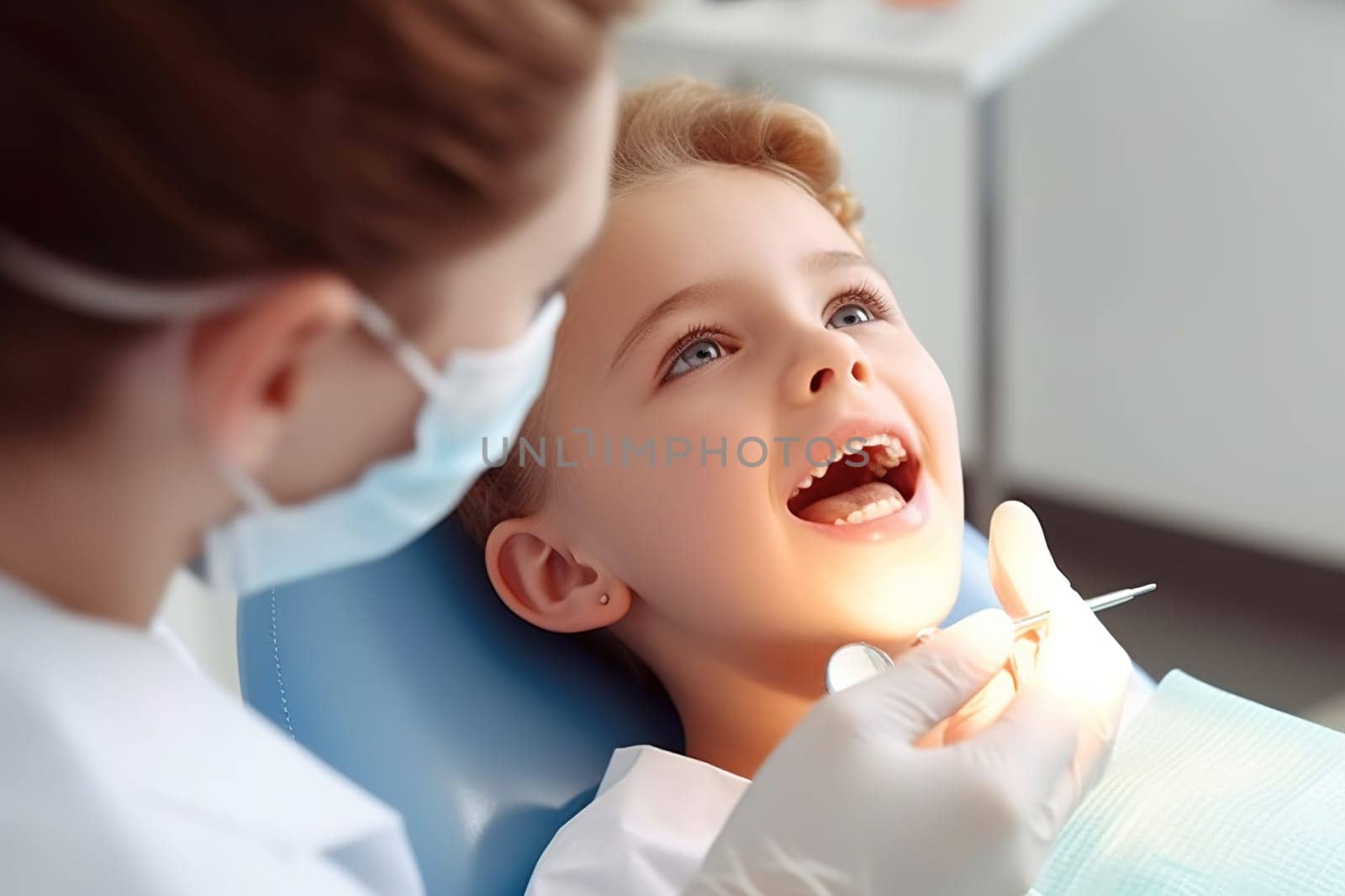 A female dentist examines a child's teeth in a dental office. Generative AI. by Yurich32