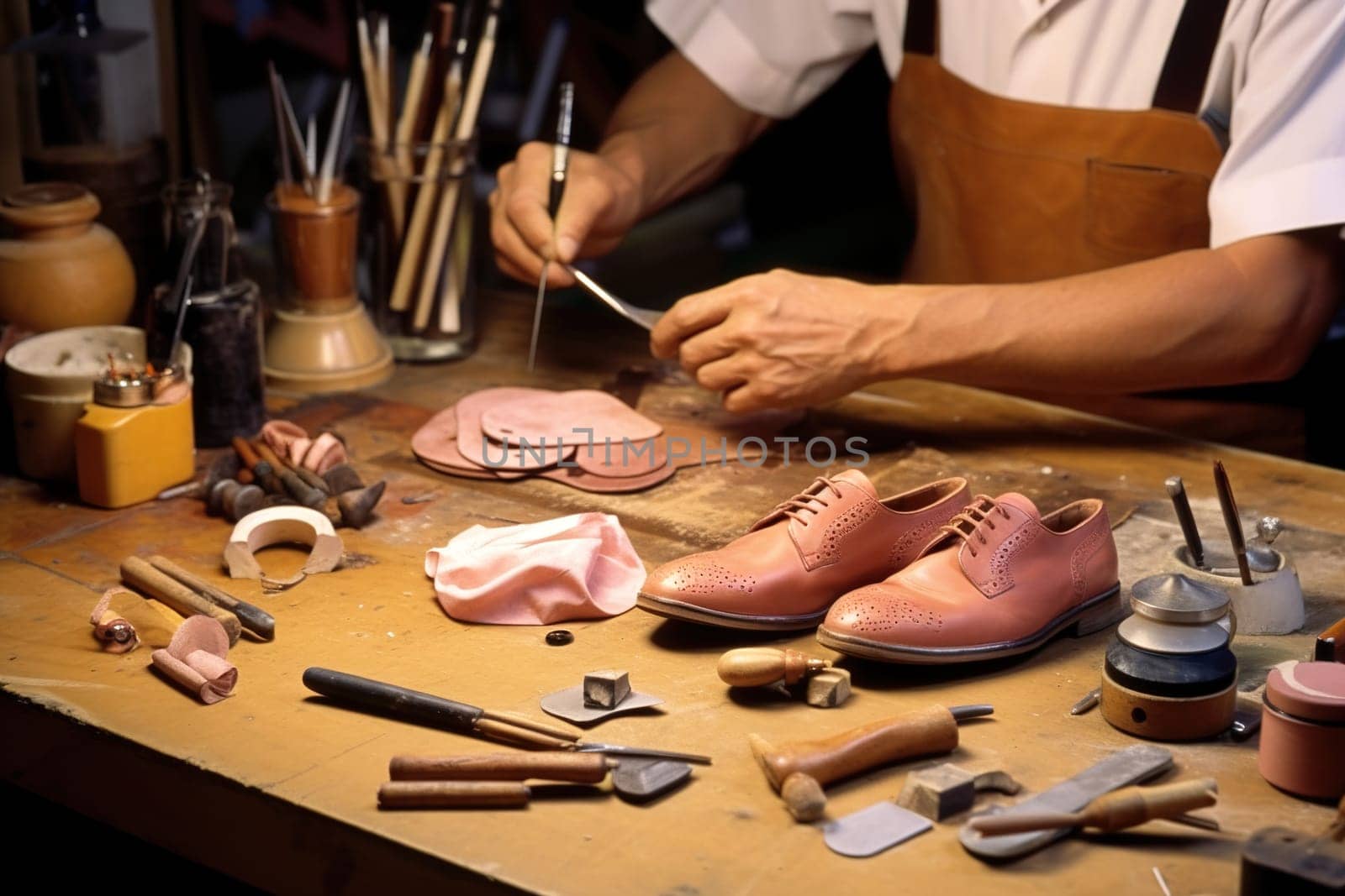 Shoemaker repairs shoes in the workshop. Close-up. Generative AI by Yurich32