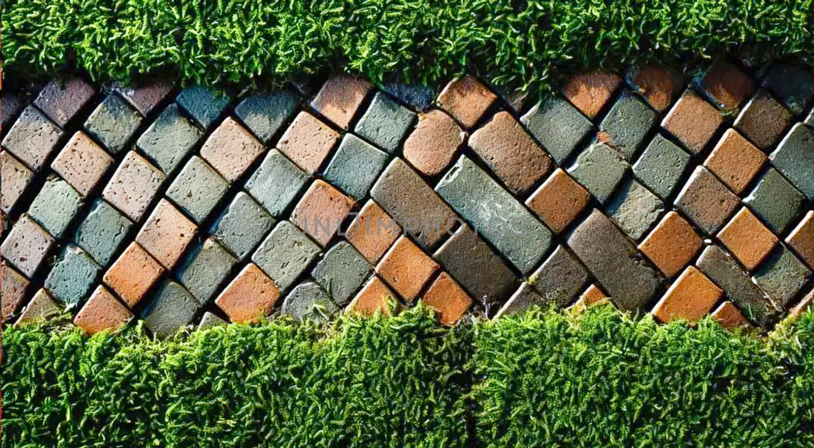 Clinker path in the garden. View from above. Generative AI. High quality illustration