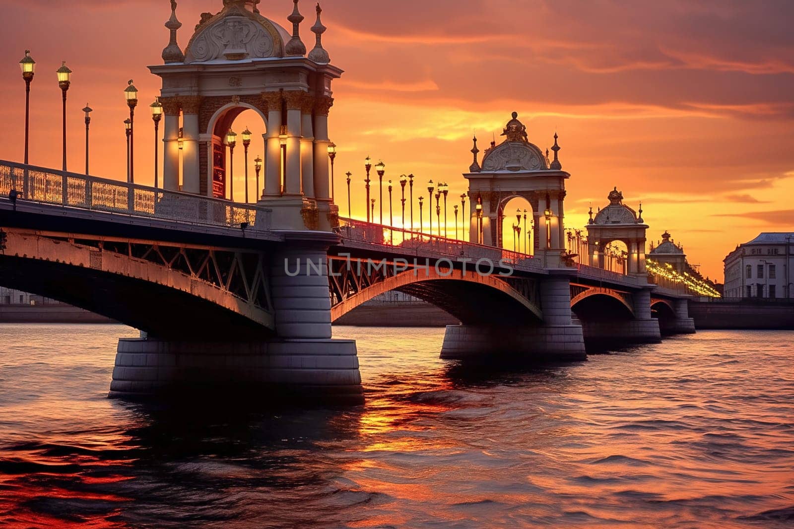 Illuminated bridge across the river at sunset. Generative AI. High quality illustration