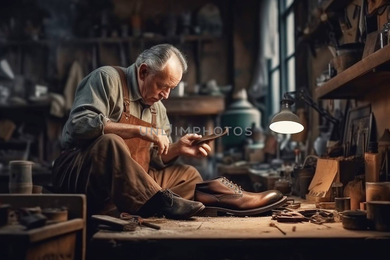 Shoemaker repairs shoes in the workshop. Close-up. Generative AI by Yurich32