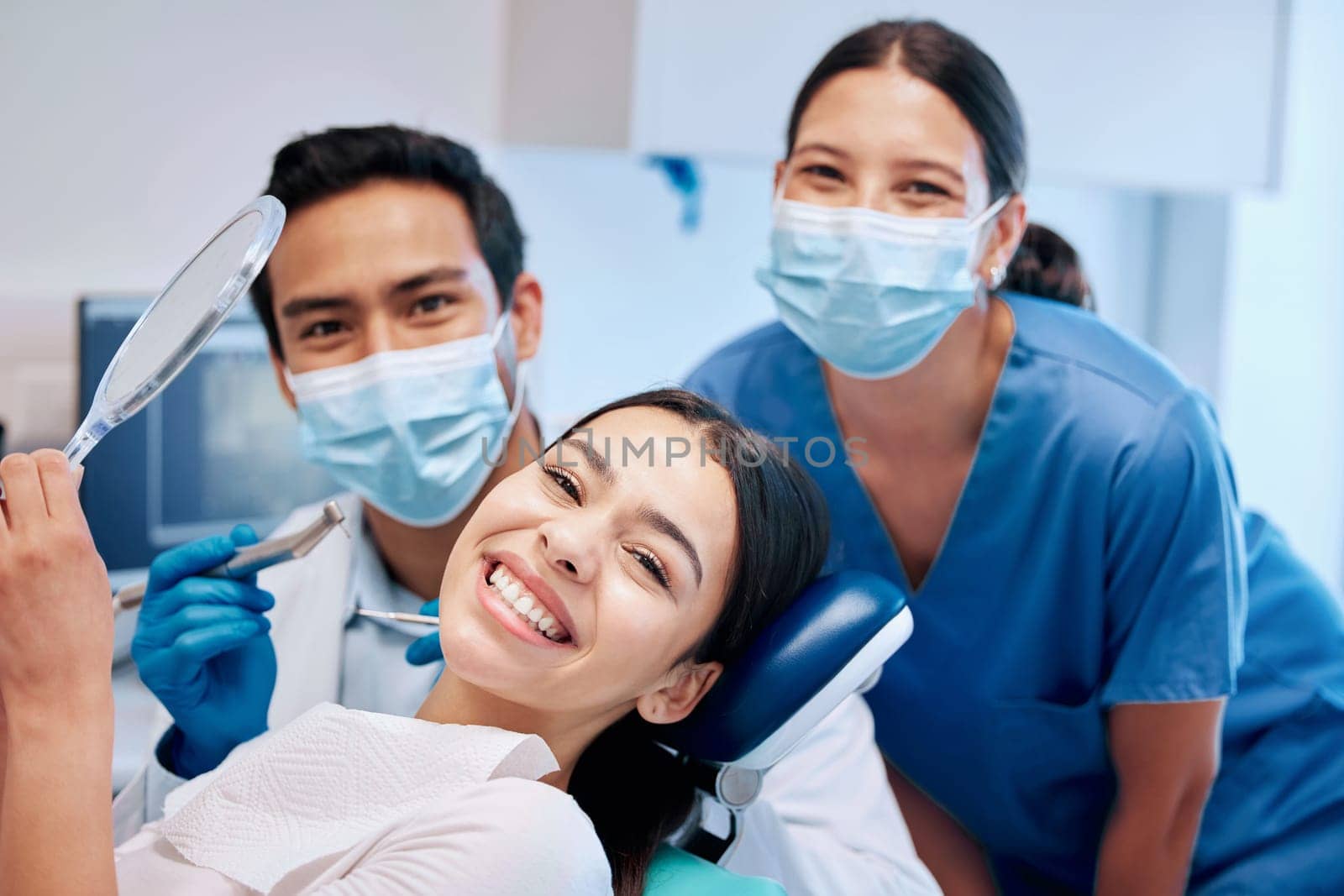 Smile, mirror and portrait of woman with dentist after teeth whitening, service and dental care. Healthcare, dentistry and female patient with orthodontist for oral hygiene, wellness and cleaning.