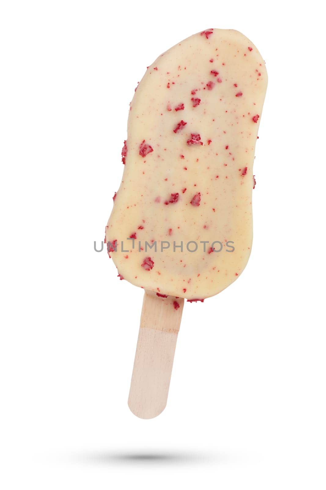 Ice cream on a stick, on a white isolated background. Ice cream covered with white chocolate with cranberries. Ice cream scoop isolate for inserting into a design or project. by SERSOL